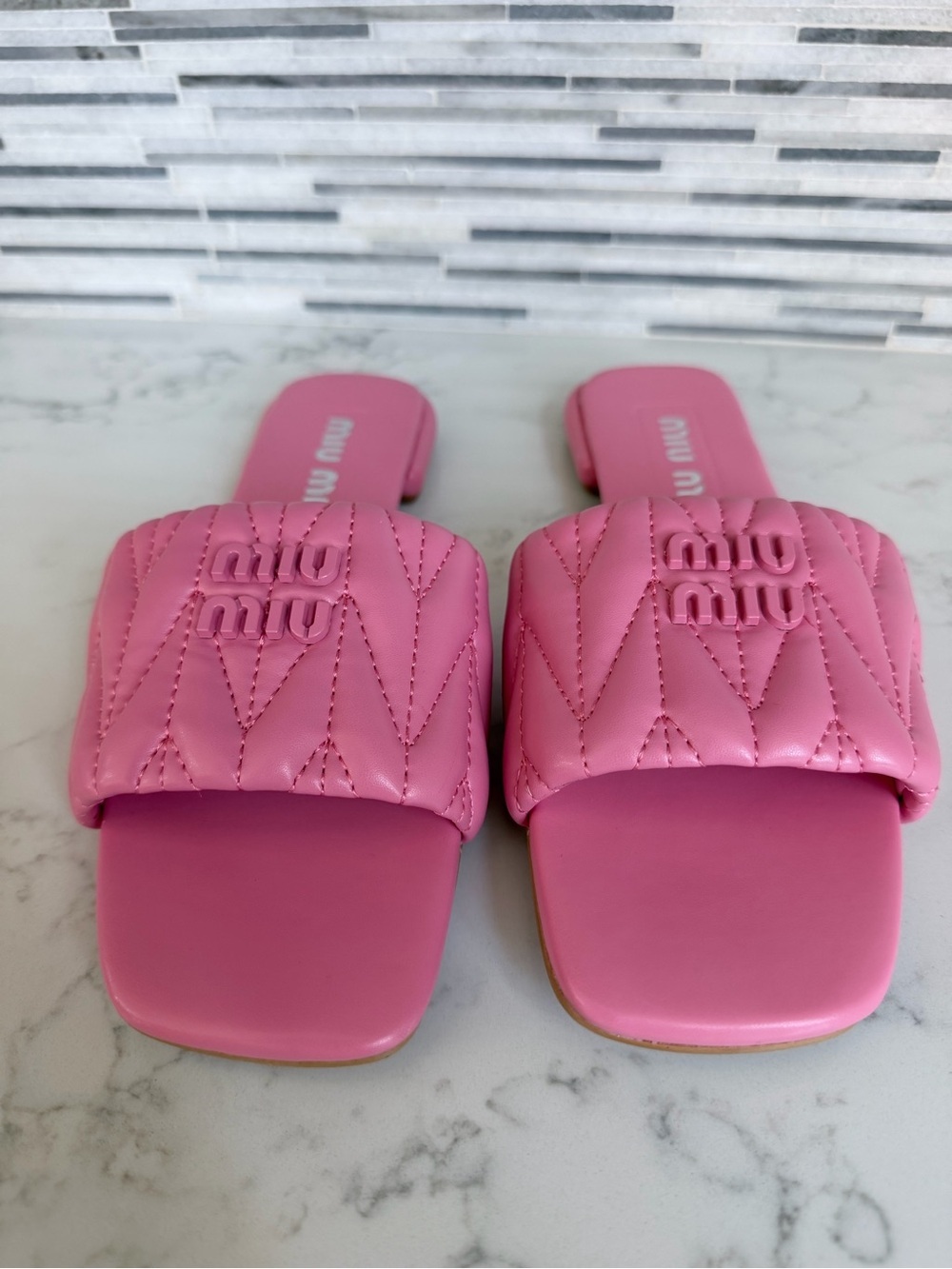 Miu Miu Quilted Logo Slide Sandals in Pink size 7 - Picture 2 of 8